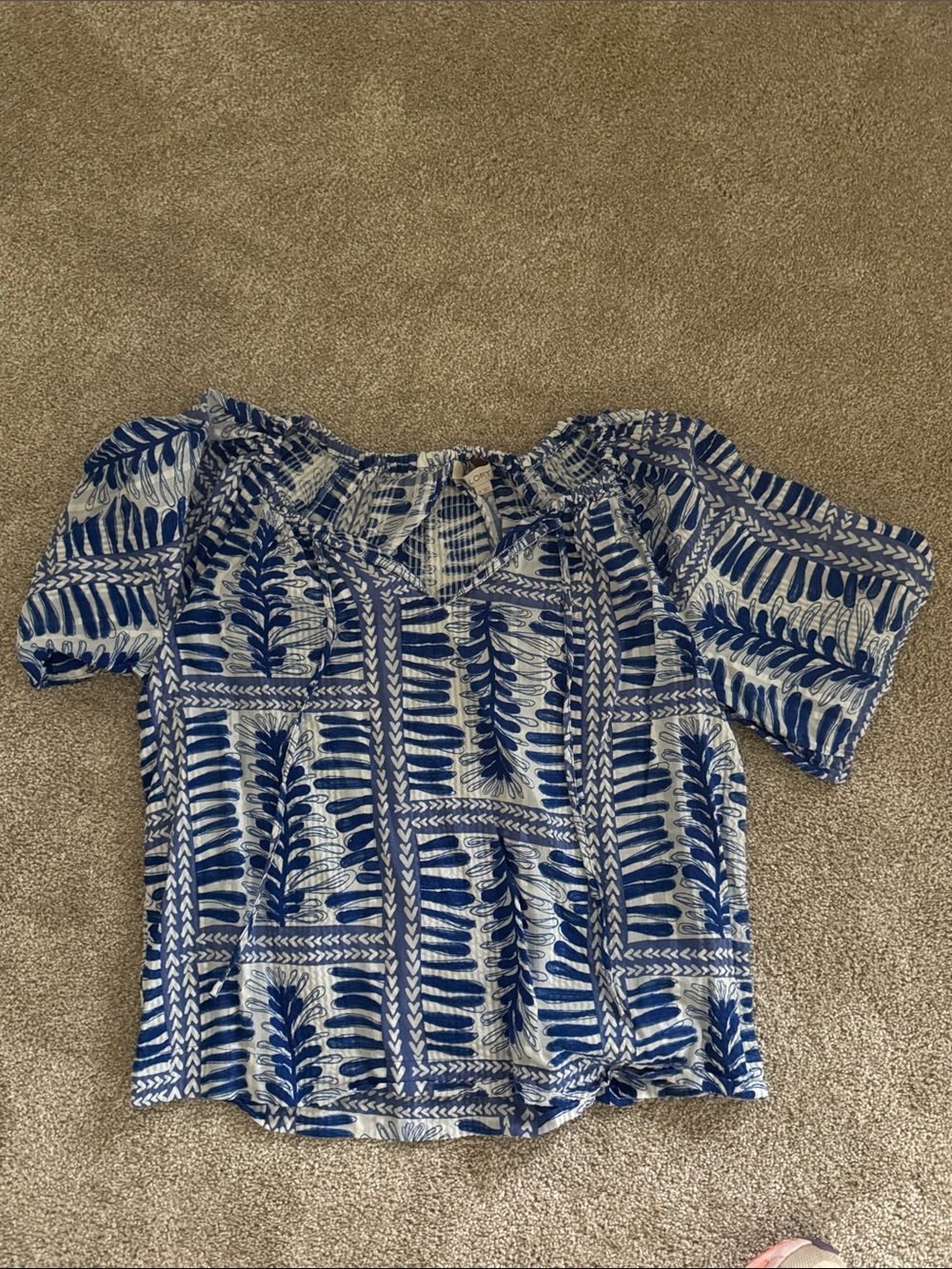 LOFT Blue and White Printed Peasant Blouse